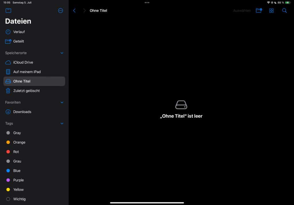 USB-Stick auf dem iPad formatieren: In der Dateien-App wird der Stick gezeigt.