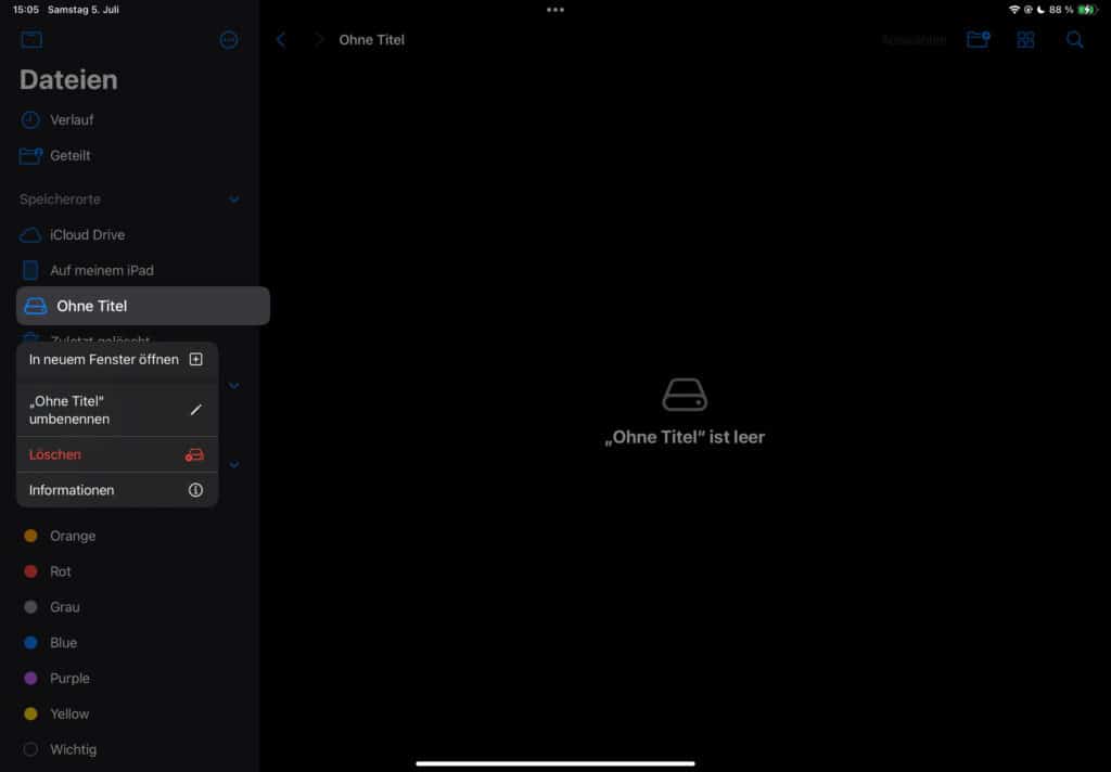 USB-Stick auf dem iPad formatieren: Im Kontextmenü findest du „Informationen“ und „Löschen“