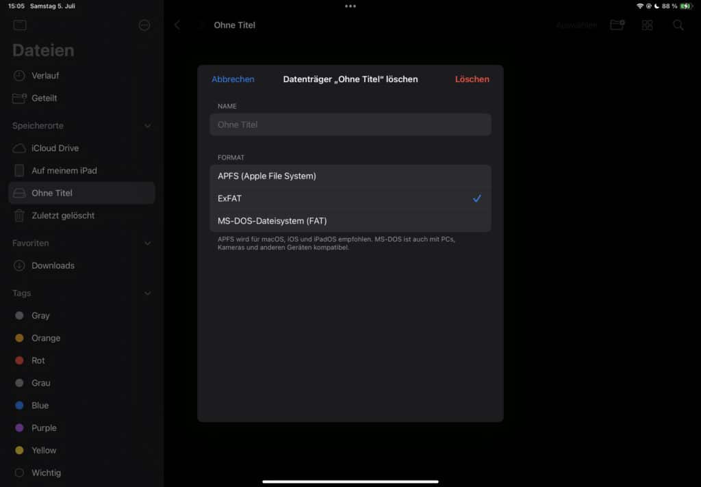 USB-Stick auf dem iPad formatieren: Du kannst verschiedene Dateisysteme auswählen.