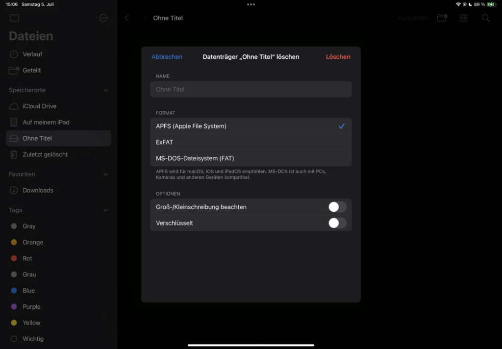 USB-Stick auf dem iPad formatieren: Bei APFS stehen dir weitere Optionen zur Verfügung – die Vorauswahl ist normalerweise richtig.